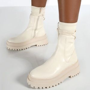 PUBLIC DESIRE - FINALE CREAM PU CHUNKY WRAP AROUND BOOTS